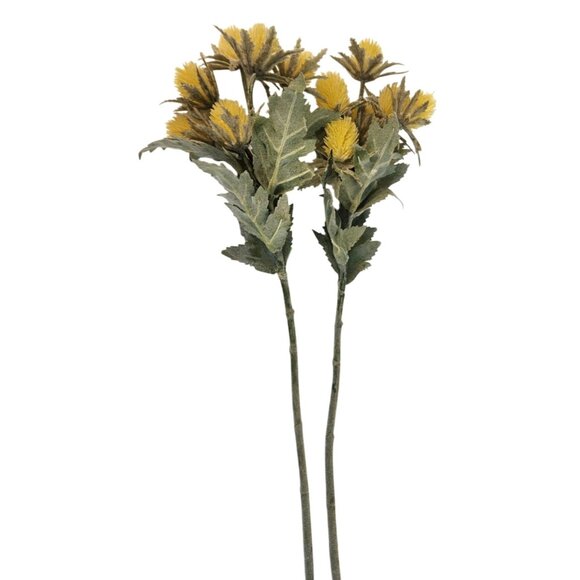 Artificial Yellow Thistle Floral Stems Bundle 2 Stems Lifelike Green Leaves 16 I - Picture 3 of 9
